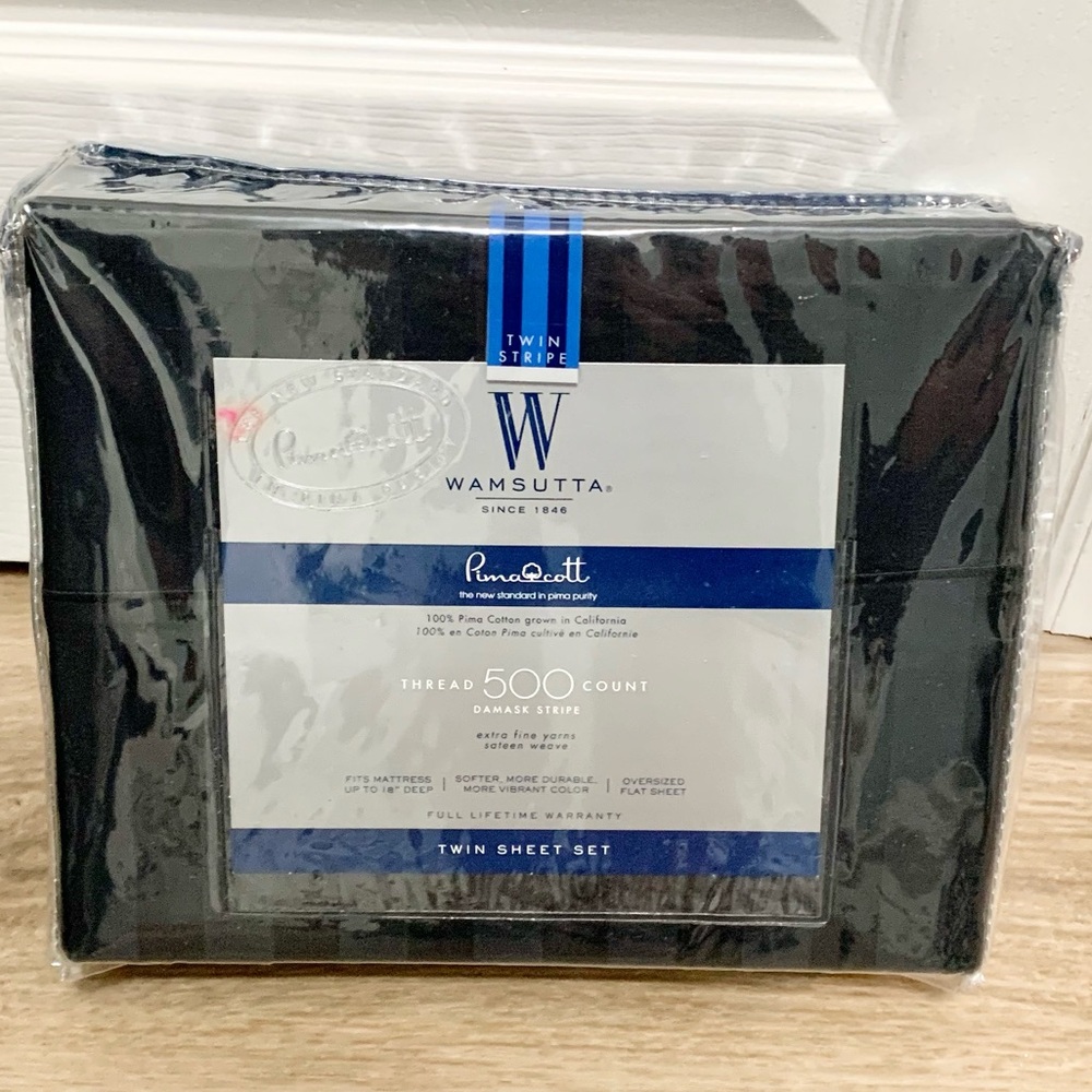 Wamsutta 500 Thread Count Damask Stripe Pima Cotton Twin Sheet Set NEW Black